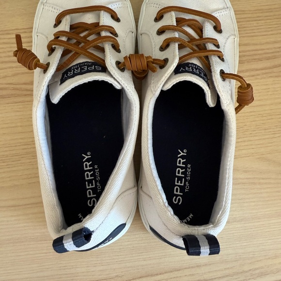 White Canvas Sperry Sneakers with Brown Leather Laces Boat Shoes - Picture 4 of 5